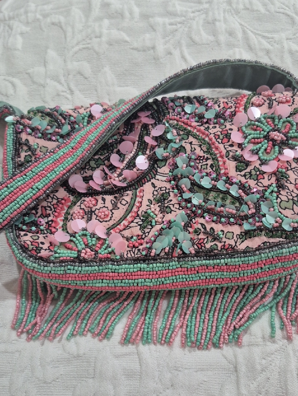 Viral Beaded Pink & Mint Fringe Women’s Evening Bag Made In India.